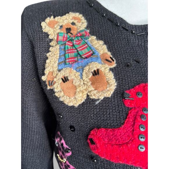 Vintage Susan Bristol Teddy Bear Applique Black Knit Cardigan Sweater Petite - Picture 8 of 13